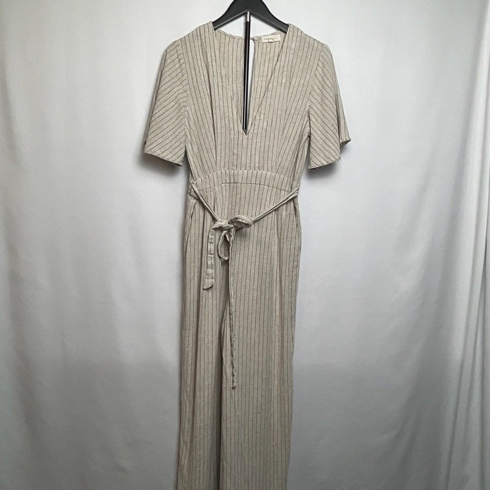 Promesa Women Beige Pinstripe Belt Jumpsuit Linen Blend S Coastal Chic European